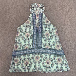 Blue Rain Halter Sleeveless Blouse Floral Print XS Lined Mint‎ Green Blue Pink